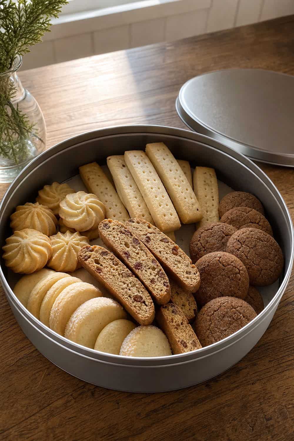 How to Store Holiday Cookies So They Stay Fresh Crisp holiday cookies arranged loosely in a metal cookie tin.