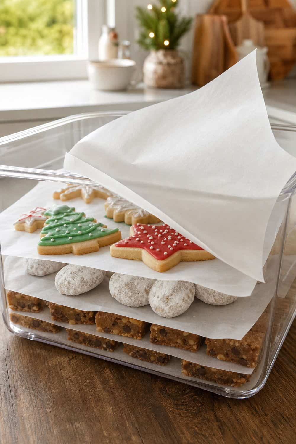 How to Store Holiday Cookies So They Stay Fresh Holiday cookie layers separated with parchment paper inside a clear container.