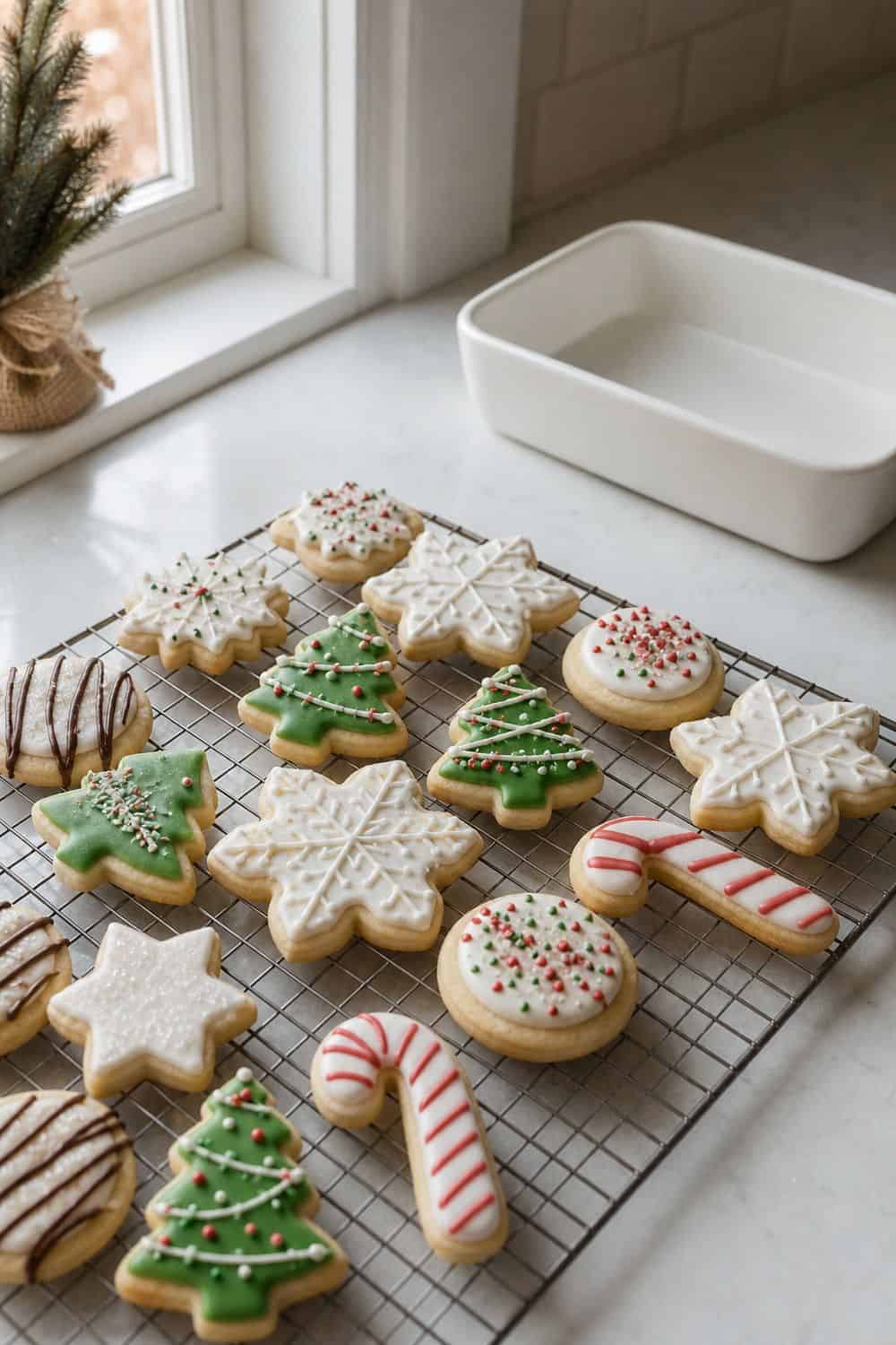 How to Store Holiday Cookies So They Stay Fresh Decorated holiday cookies resting on a drying rack before stacking.