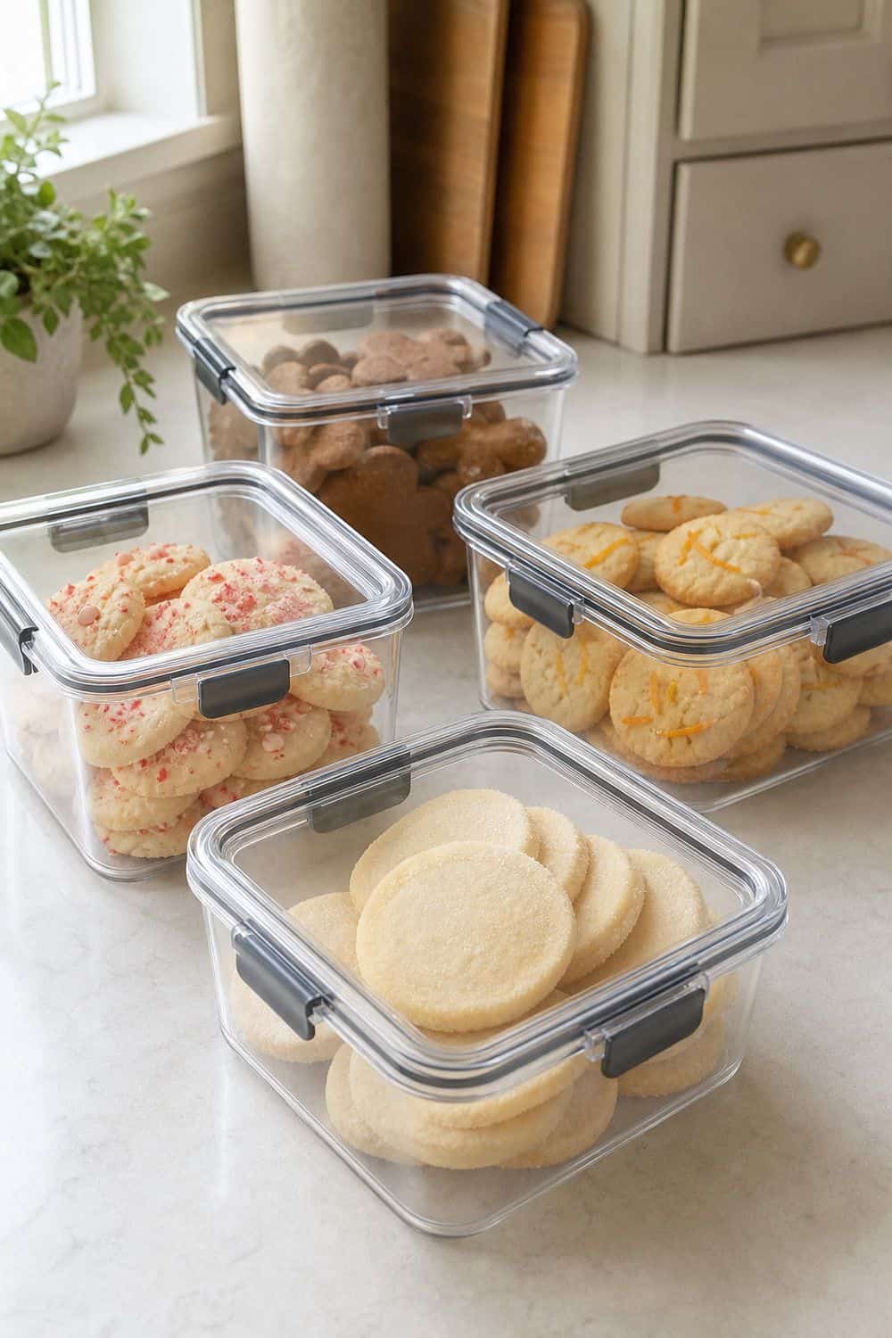 How to Store Holiday Cookies So They Stay Fresh Peppermint, gingerbread, orange, and plain cookies kept in separate containers.