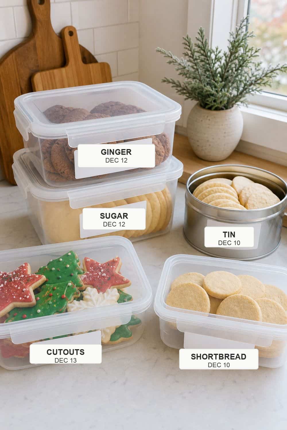 How to Store Holiday Cookies So They Stay Fresh Holiday cookie containers labeled by cookie type and date.