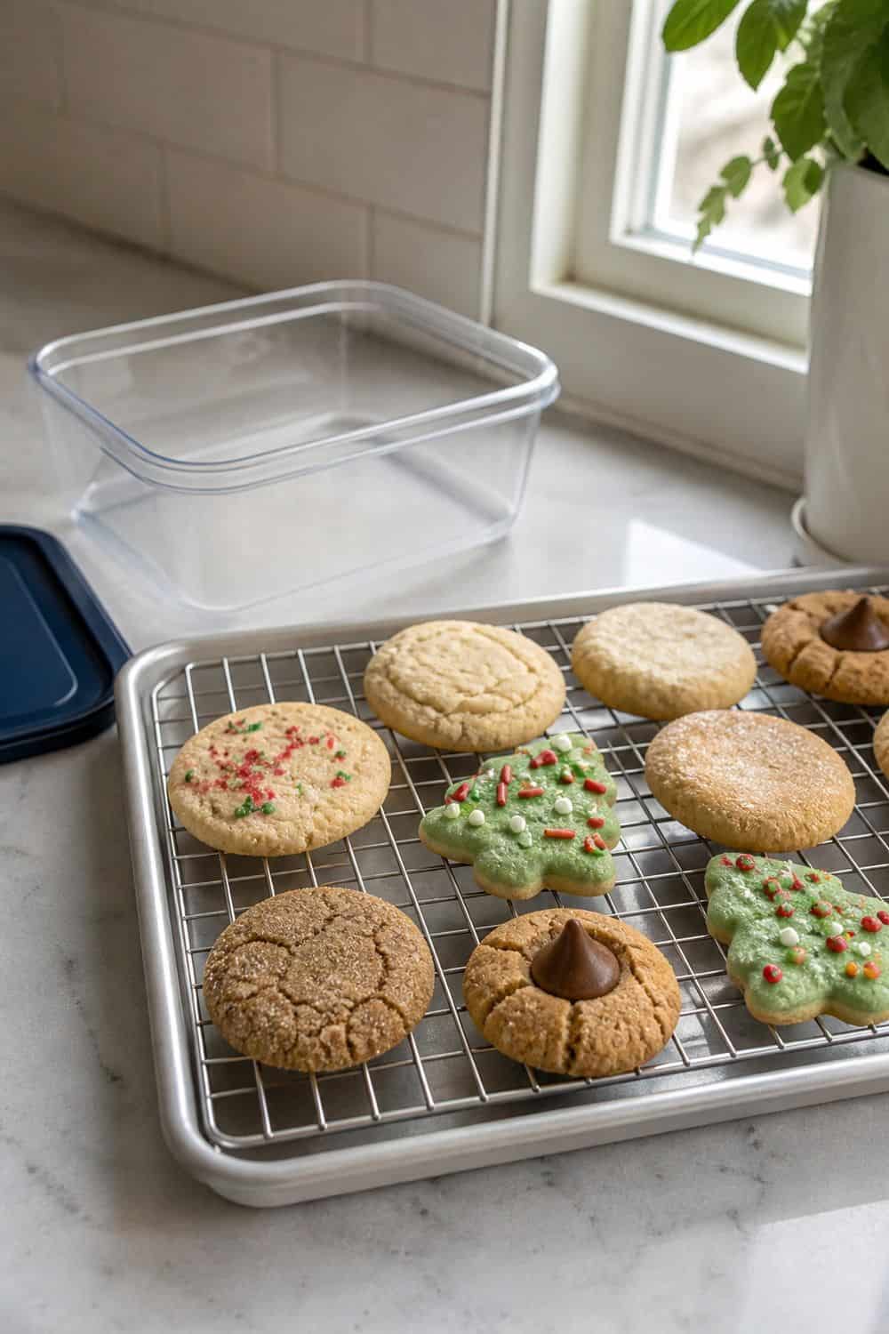 How to Store Holiday Cookies So They Stay Fresh Frozen holiday cookies thawing on a rack outside their storage container.