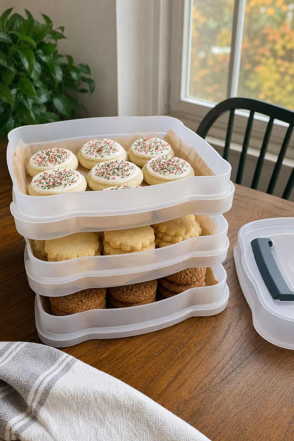 How to Store Holiday Cookies So They Stay Fresh Holiday cookies packed in a stackable carrier with protected layers for local gifting.