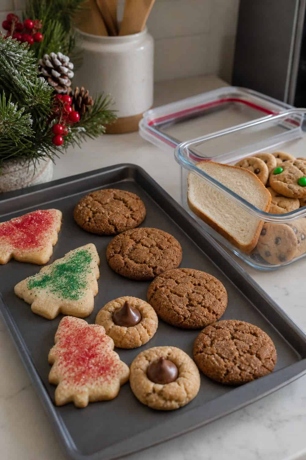 How to Store Holiday Cookies So They Stay Fresh Crisp cookies on a small baking sheet with soft cookies in an airtight container for refreshing.