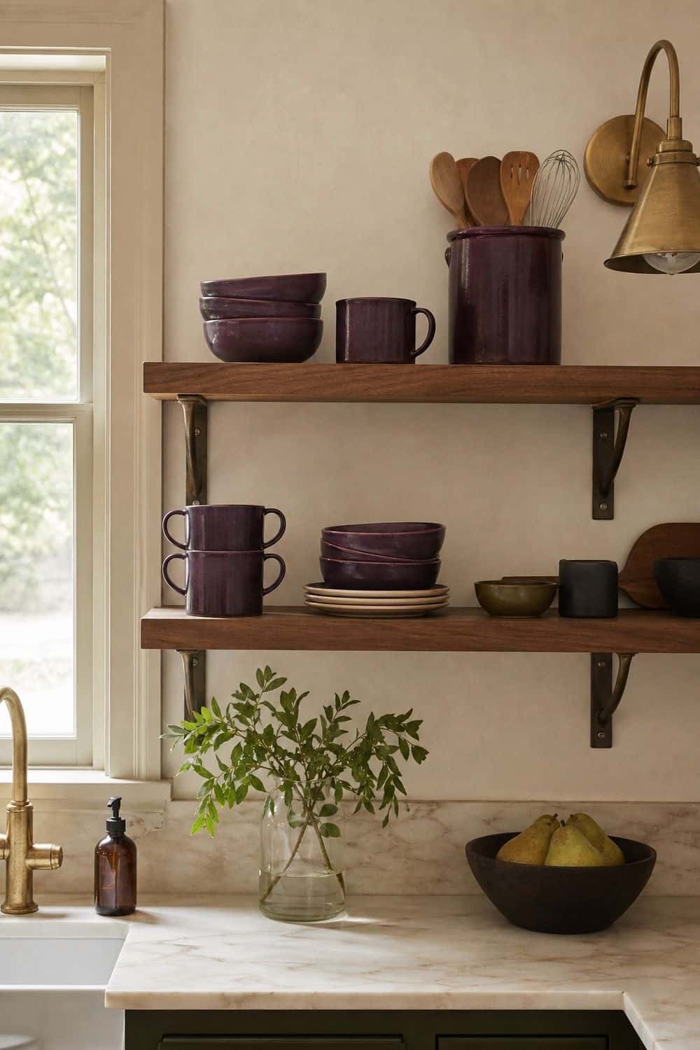25 Jewel Tone Kitchen Ideas for a Beautiful Kitchen plum ceramics on open shelves in a realistic jewel tone kitchen