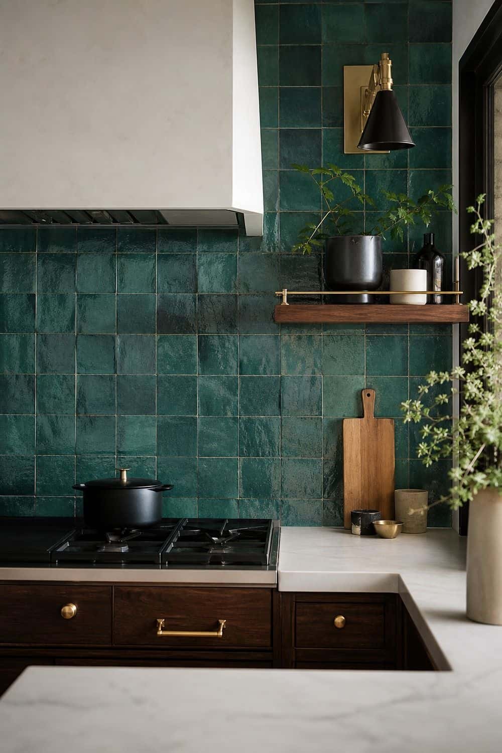 25 Jewel Tone Kitchen Ideas for a Beautiful Kitchen teal zellige in real kitchen light in a realistic jewel tone kitchen