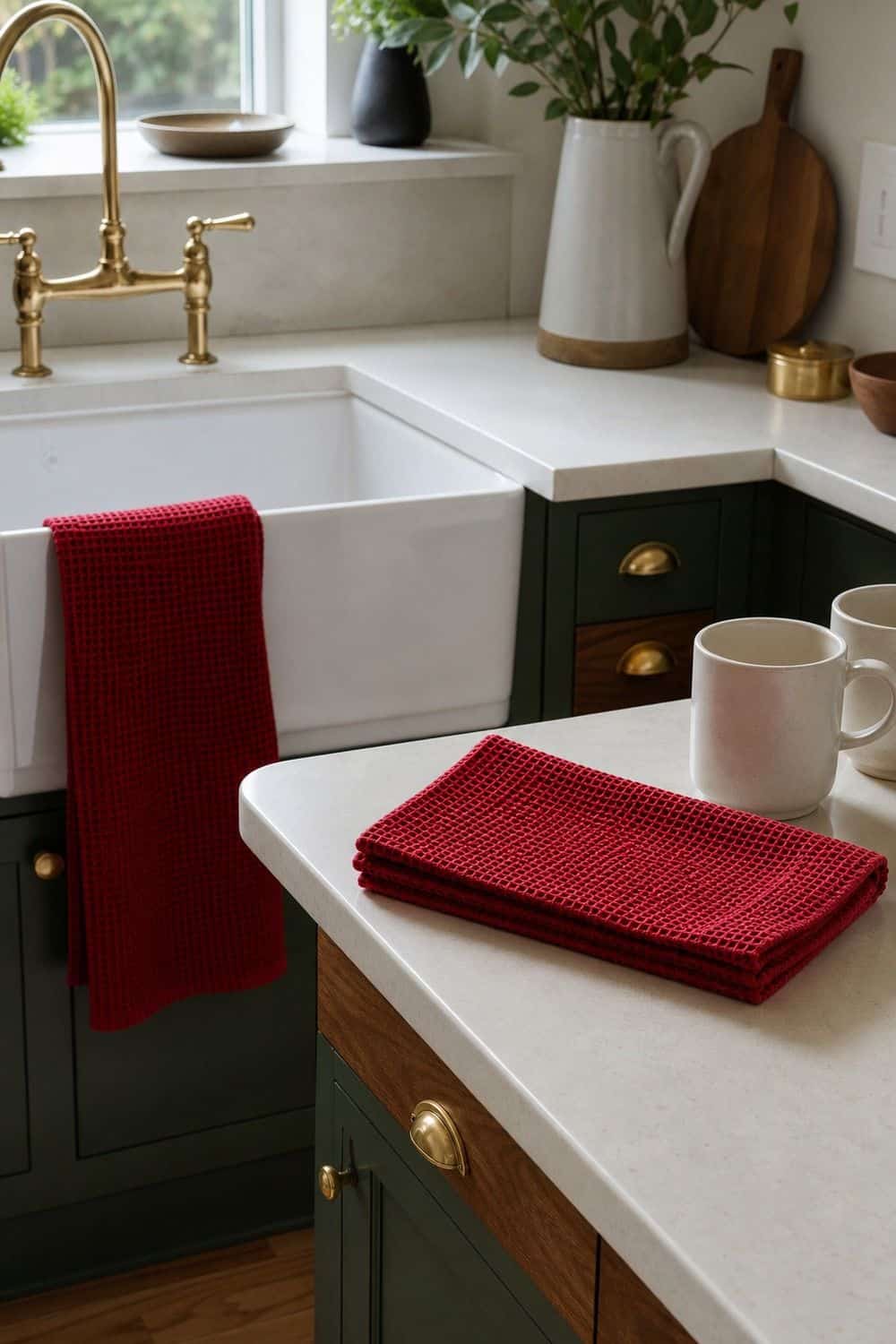25 Jewel Tone Kitchen Ideas for a Beautiful Kitchen ruby towels as a small color moment in a realistic jewel tone kitchen