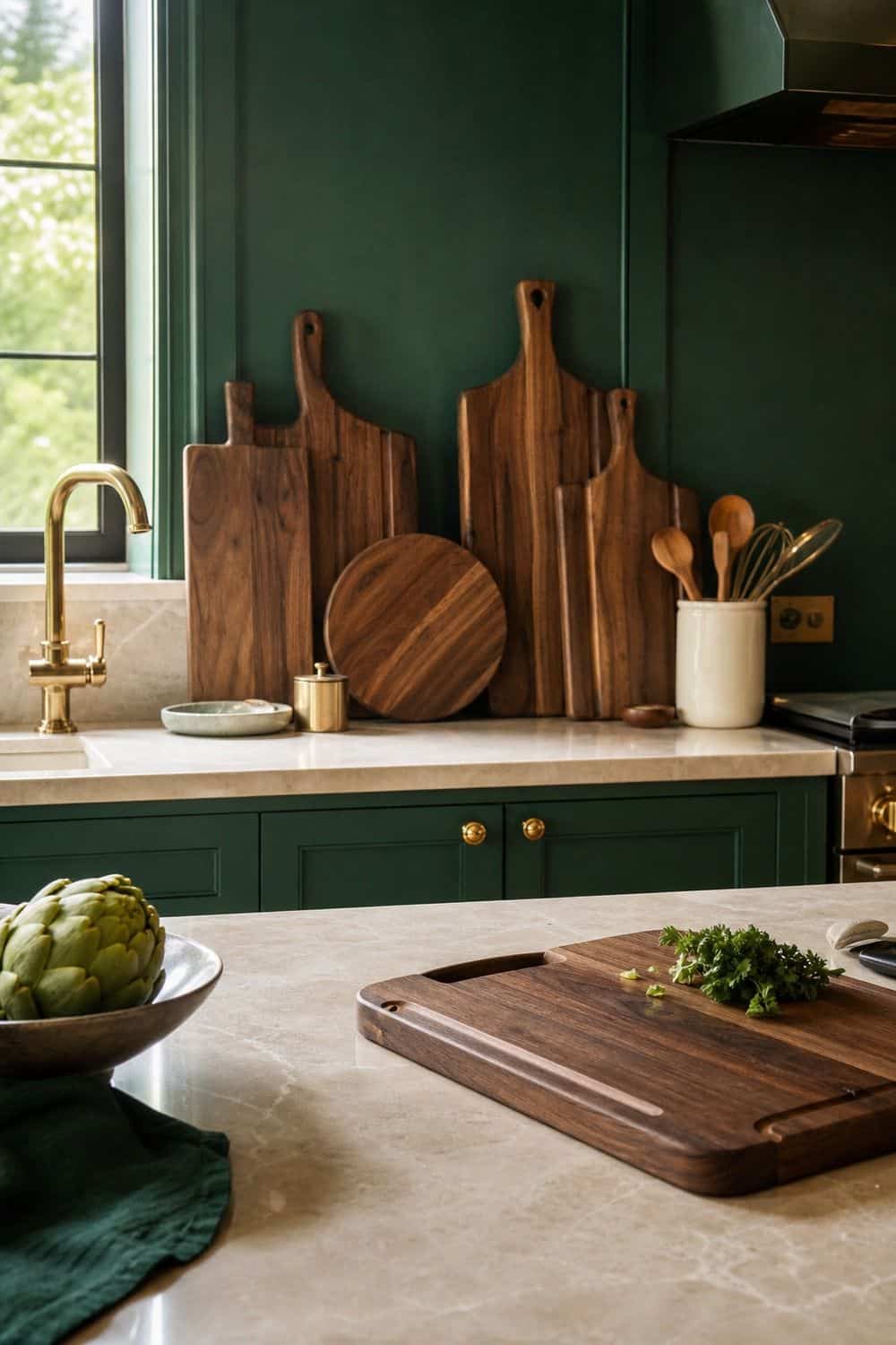 25 Jewel Tone Kitchen Ideas for a Beautiful Kitchen walnut boards against saturated color in a realistic jewel tone kitchen