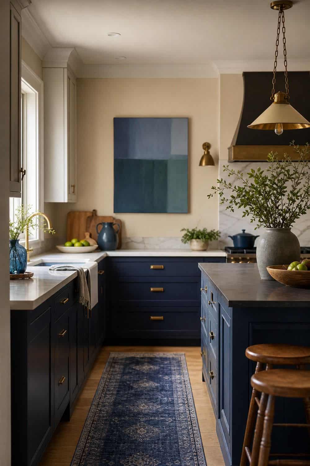 25 Jewel Tone Kitchen Ideas for a Beautiful Kitchen tonal blues across paint and textiles in a realistic jewel tone kitchen