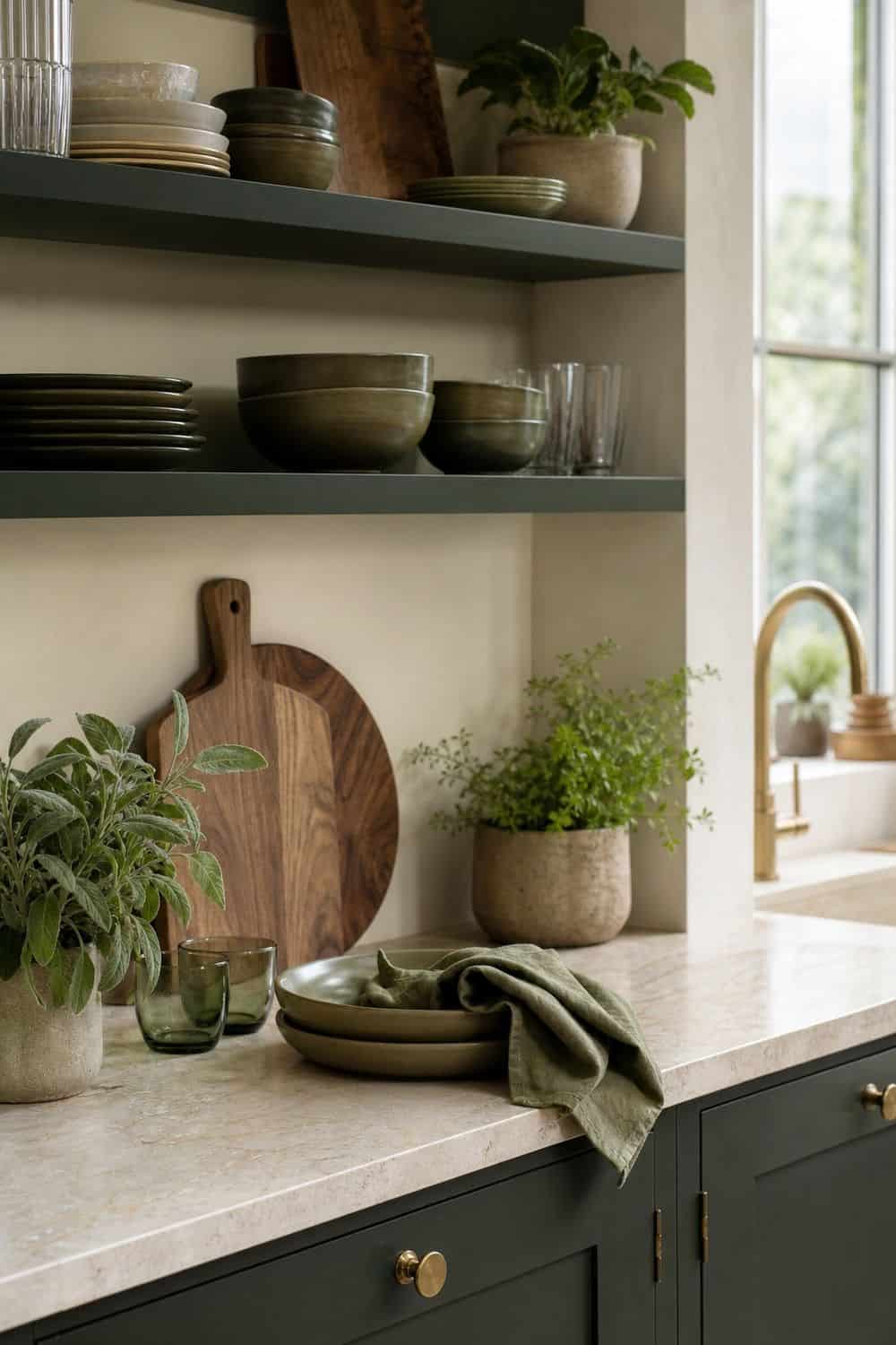 25 Jewel Tone Kitchen Ideas for a Beautiful Kitchen tonal greens with natural texture in a realistic jewel tone kitchen