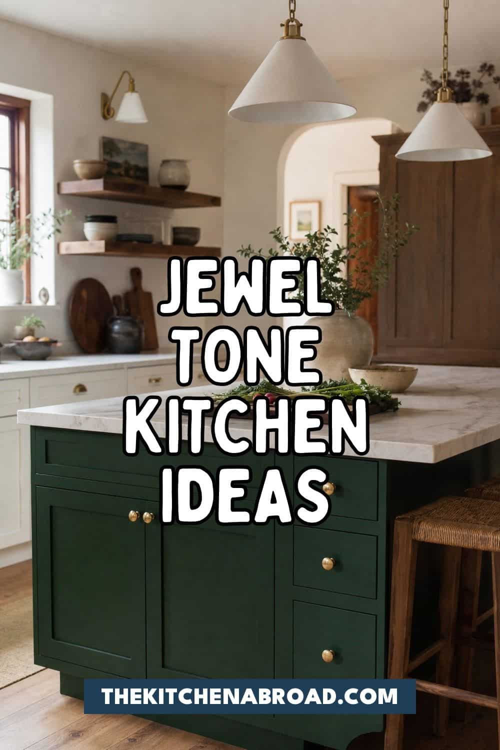 25 Jewel Tone Kitchen Ideas for a Beautiful Kitchen Pinterest pin for jewel tone kitchen ideas with an emerald kitchen island background