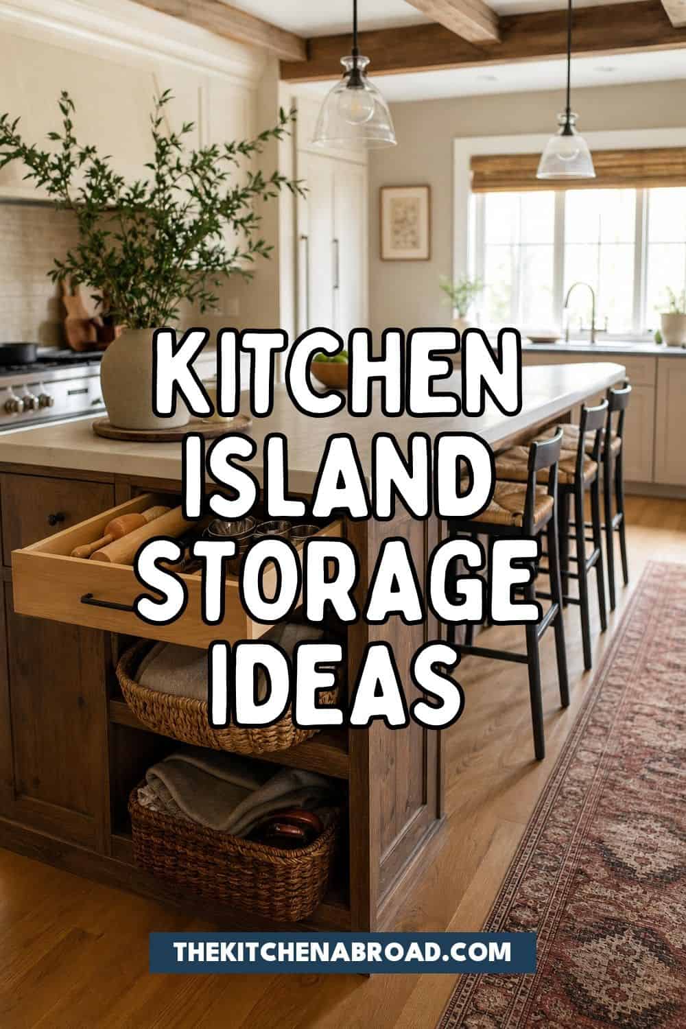 Pinterest pin for kitchen island storage ideas with organized island drawers and baskets