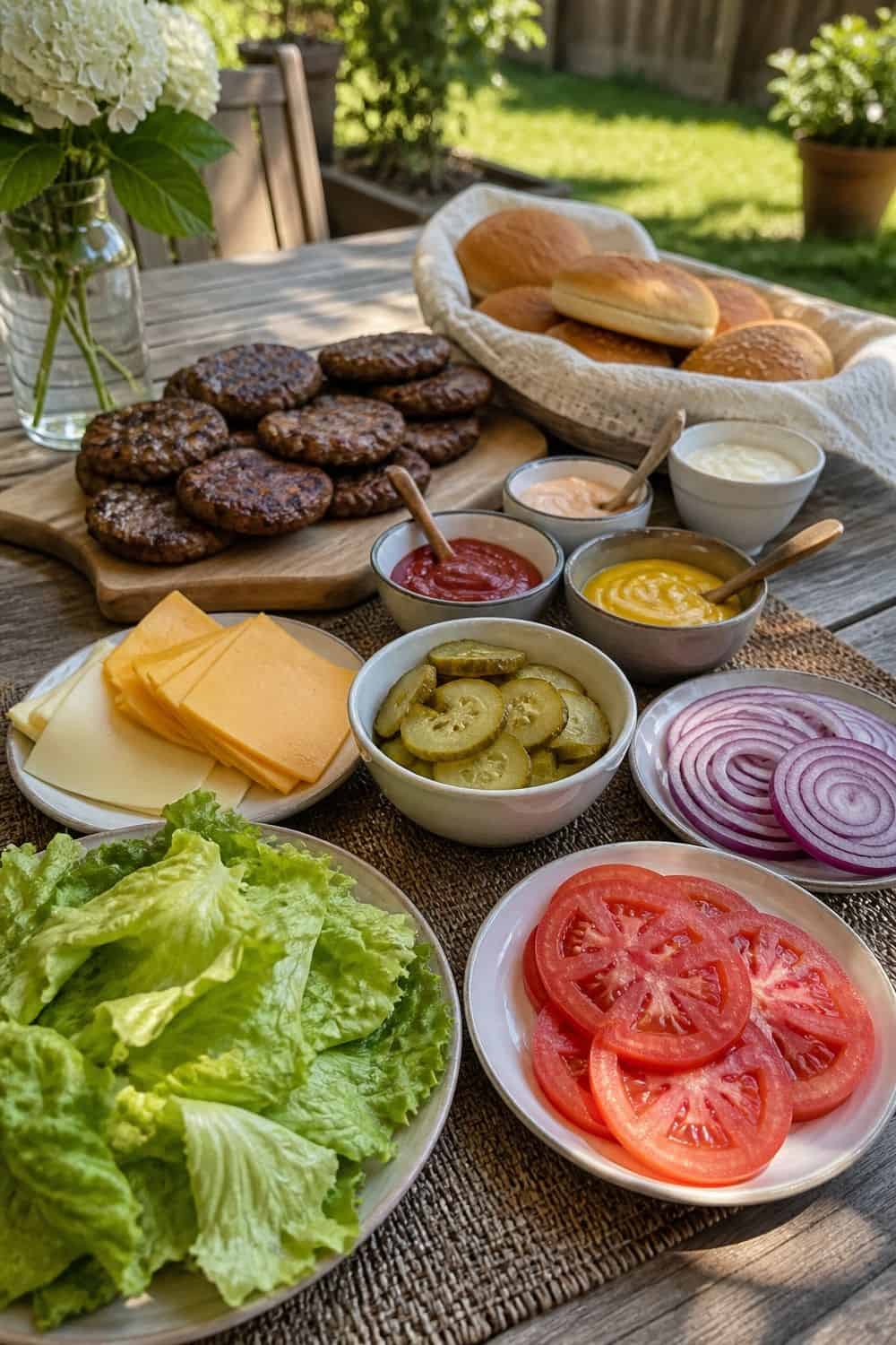 25 Labor Day Cookout Ideas for Easy Hosting 2. Burger Topping Bar for 25 labor day cookout ideas for easy hosting