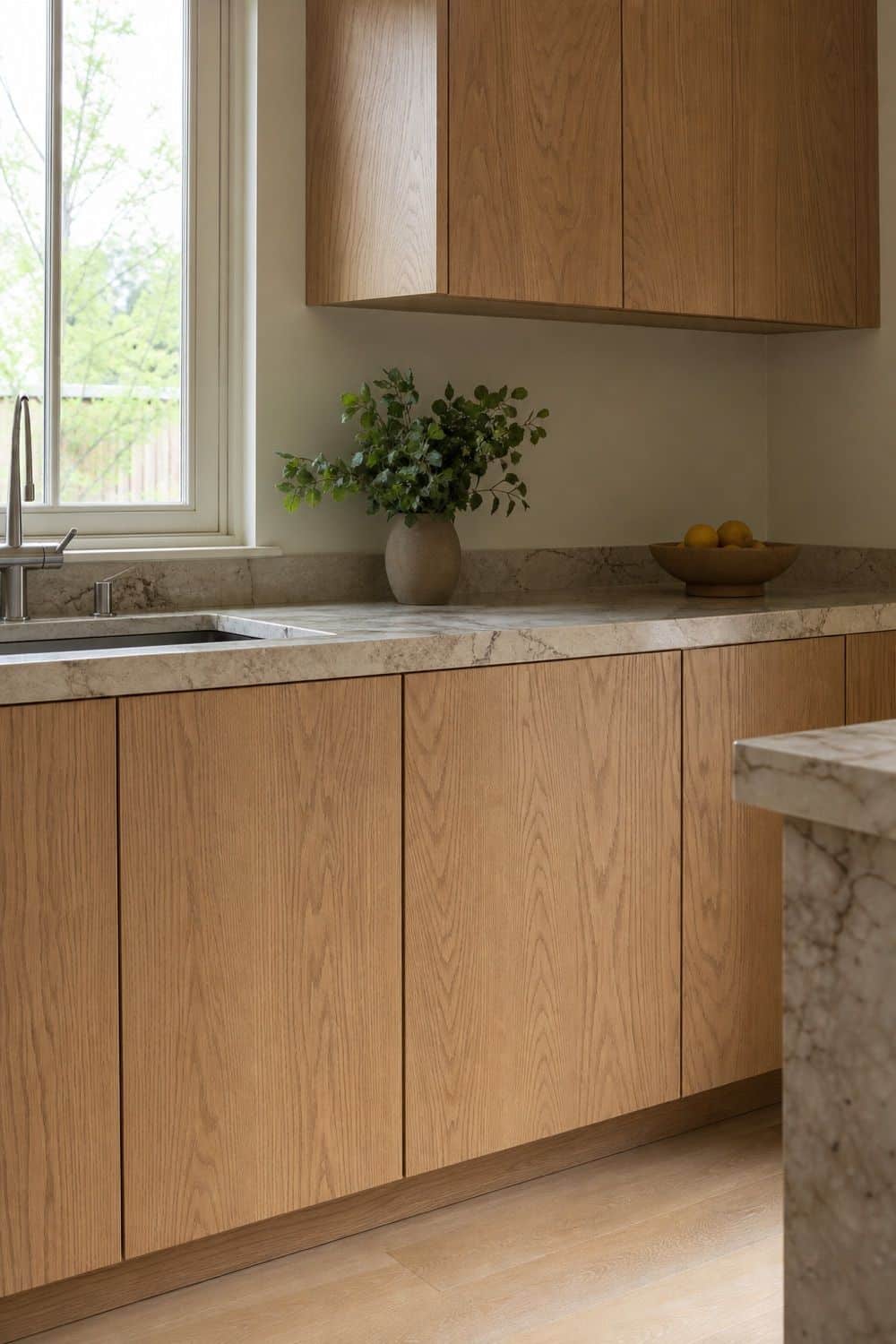 25 Modern Organic Kitchen Ideas with Natural Texture 4. Visible-Grain Slab Cabinet Doors in a modern organic kitchen