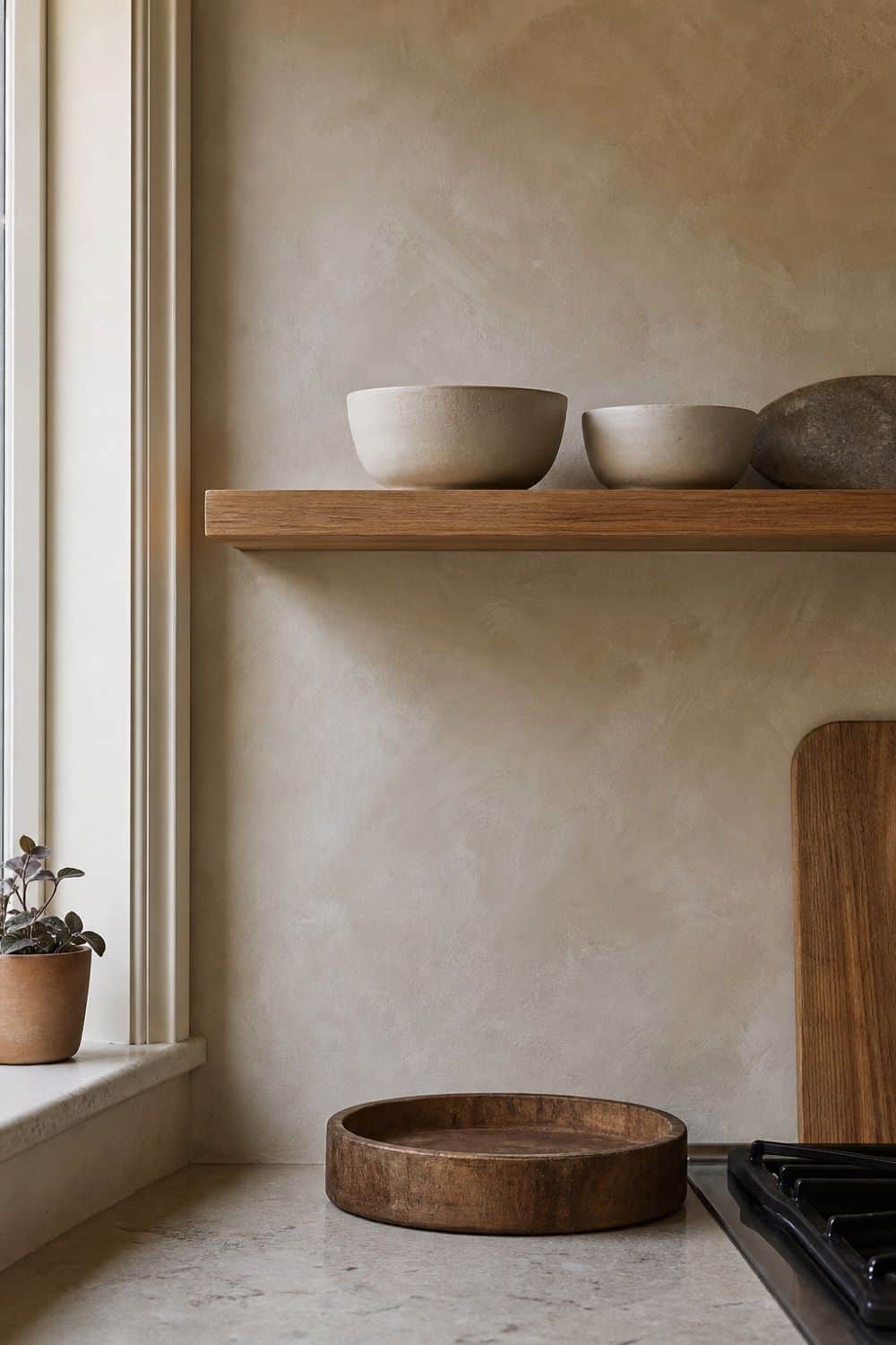 25 Modern Organic Kitchen Ideas with Natural Texture 8. Limewash-Look Wall Texture in a modern organic kitchen