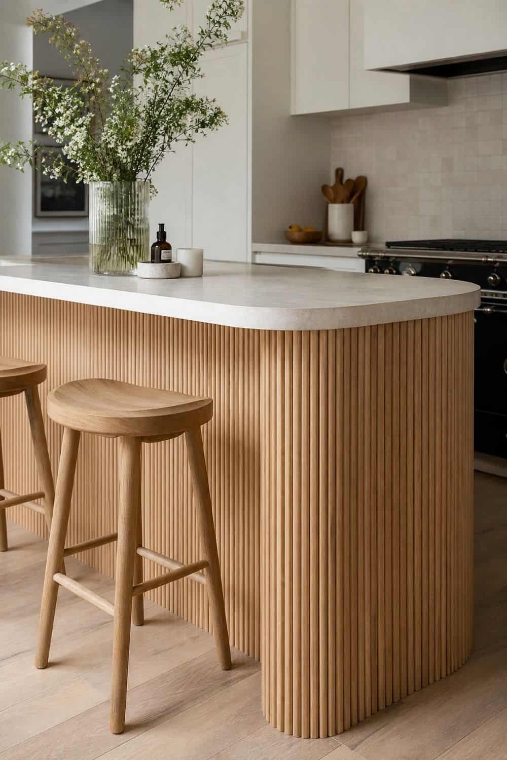 25 Modern Organic Kitchen Ideas with Natural Texture 9. Wrap an Island in Fluted Wood in a modern organic kitchen