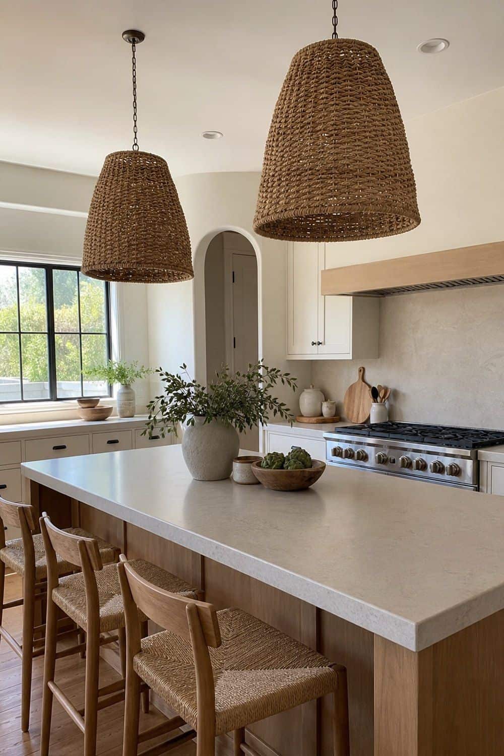 25 Modern Organic Kitchen Ideas with Natural Texture 13. Hang Woven Pendants Over the Island in a modern organic kitchen