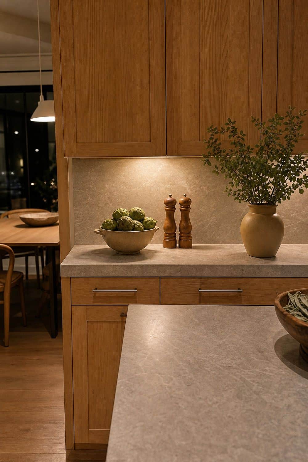 25 Modern Organic Kitchen Ideas with Natural Texture 14. Wash Wood and Stone With Warm Task Light in a modern organic kitchen