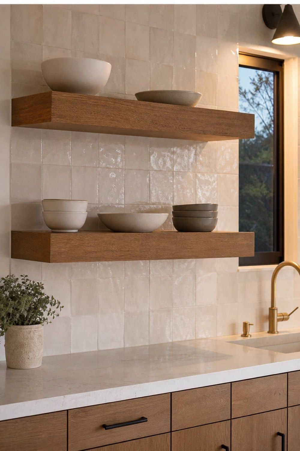 25 Modern Organic Kitchen Ideas with Natural Texture 16. Ground Open Shelves With Thick Wood in a modern organic kitchen