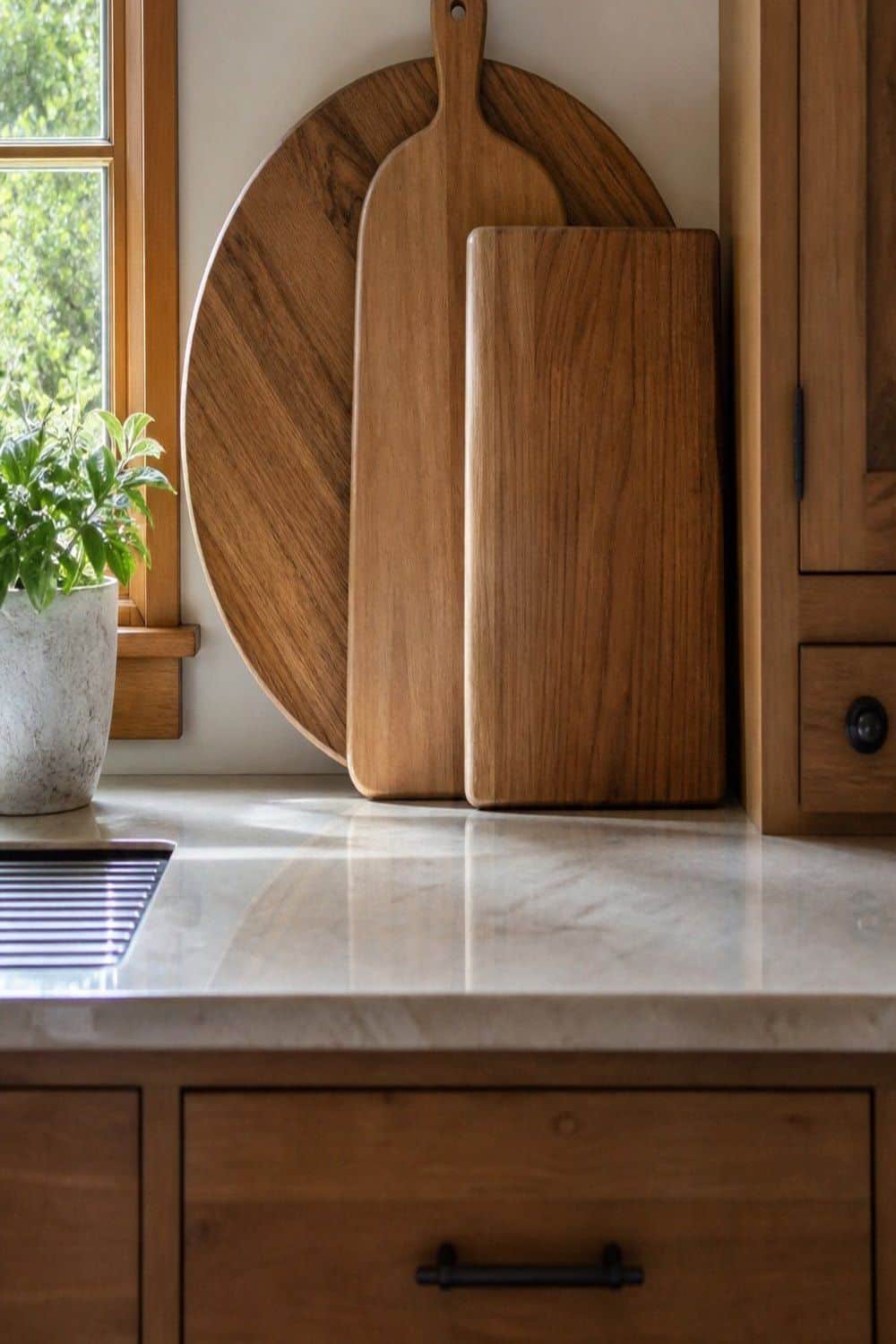 25 Modern Organic Kitchen Ideas with Natural Texture 18. Layer Wood Cutting Boards by the Prep Zone in a modern organic kitchen