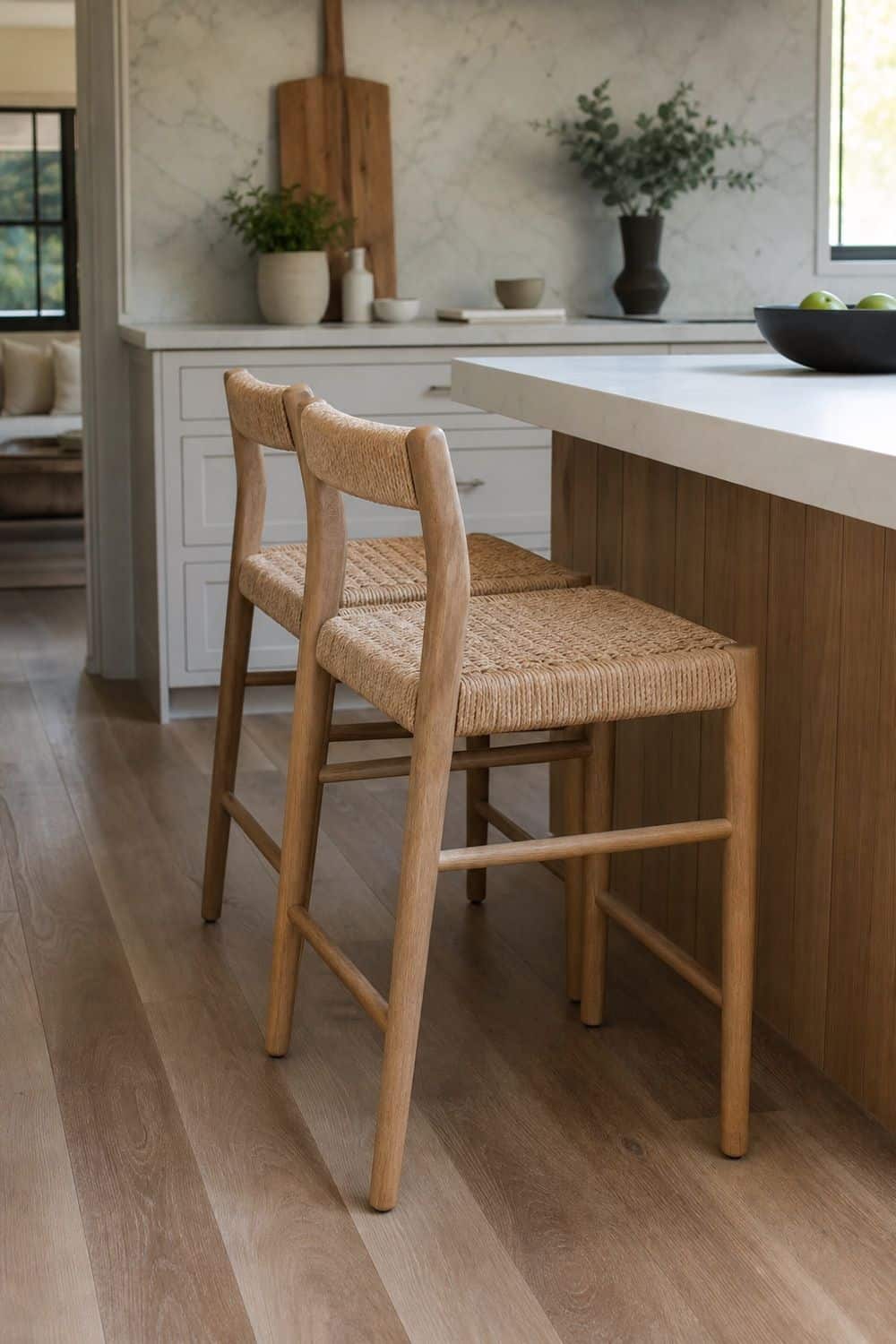 25 Modern Organic Kitchen Ideas with Natural Texture 22. Natural-Fiber Counter Stools in a modern organic kitchen