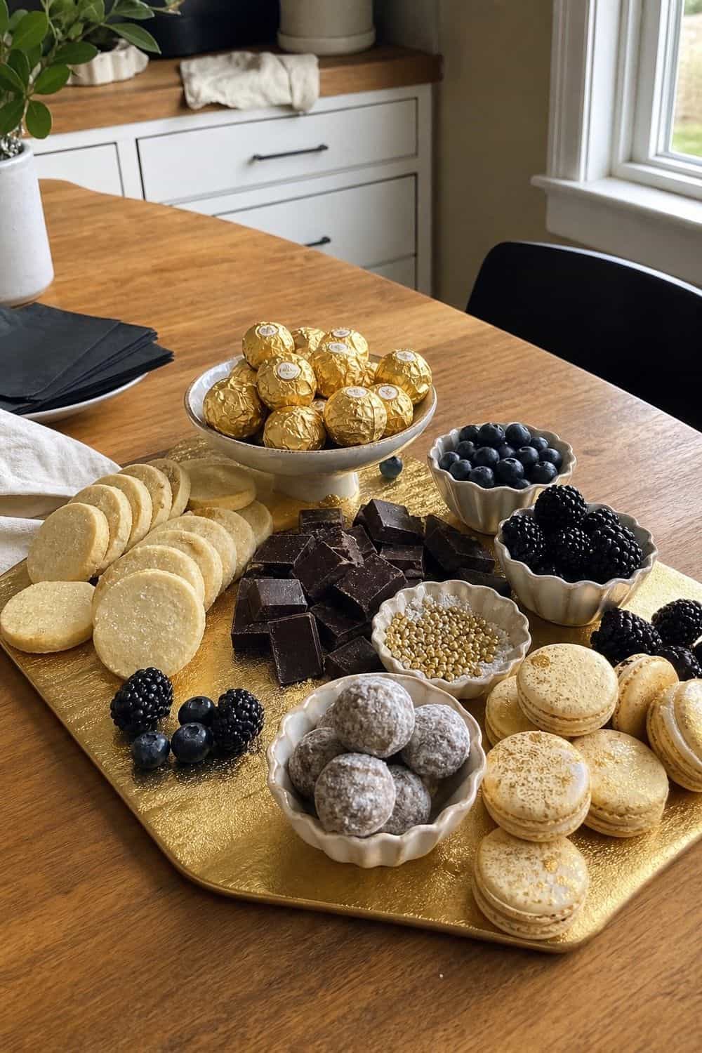 20 New Year's Eve Dessert Board Ideas for Easy Hosting New Year's Eve dessert board idea with choose a champagne-and-gold dessert board theme