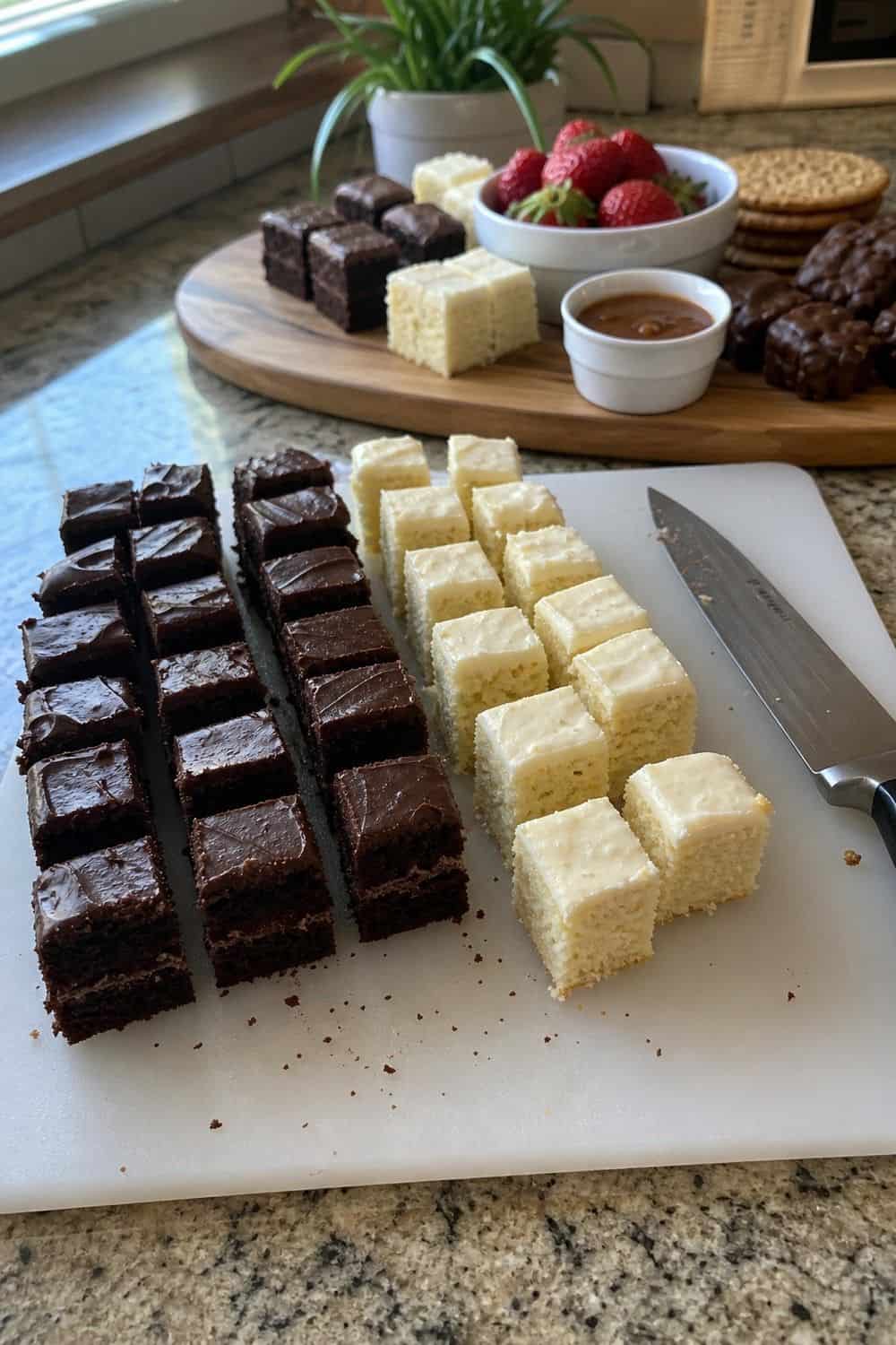 20 New Year's Eve Dessert Board Ideas for Easy Hosting New Year's Eve dessert board idea with cut store-bought cake into tiny squares
