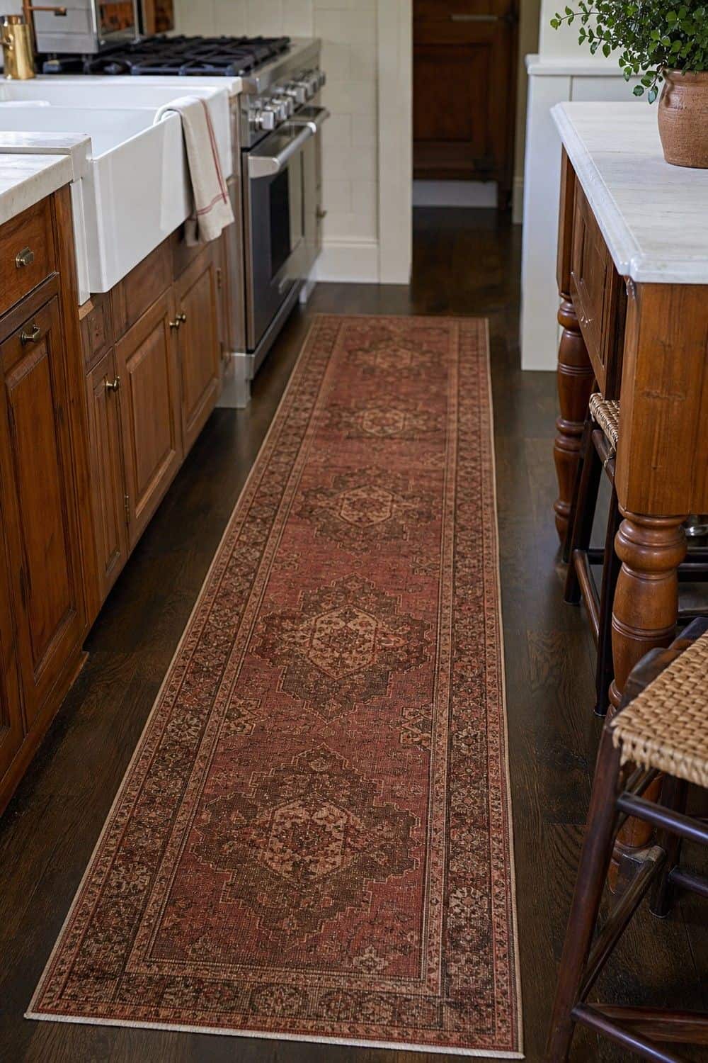 25 Old-World Kitchen Ideas for Rich, Timeless Character 17. Vintage Runner on Stone or Wood
