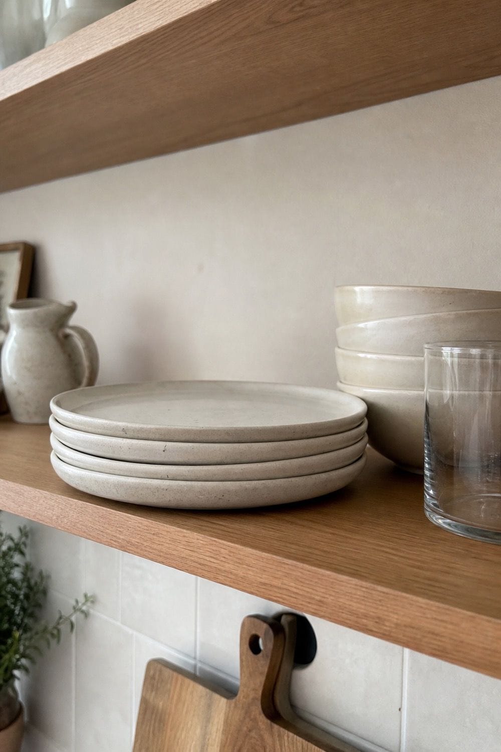 Stackable Stoneware Plates for Everyday Display on open kitchen shelving