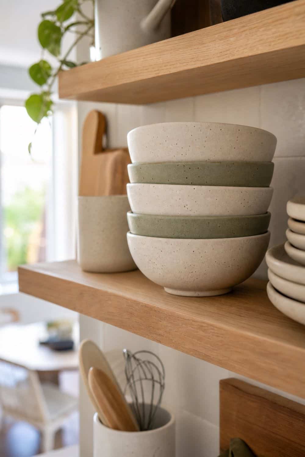 Matte Ceramic Bowls for Soft Shelf Texture on open kitchen shelving