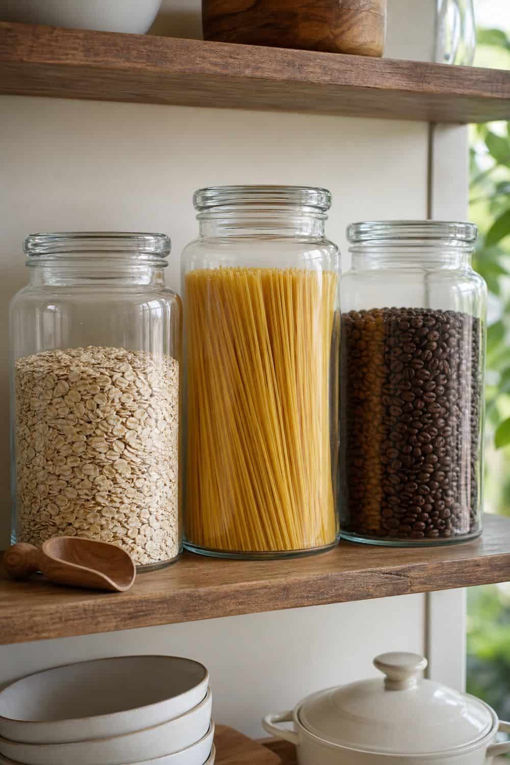 Clear Glass Canisters for Pretty Dry Goods on open kitchen shelving