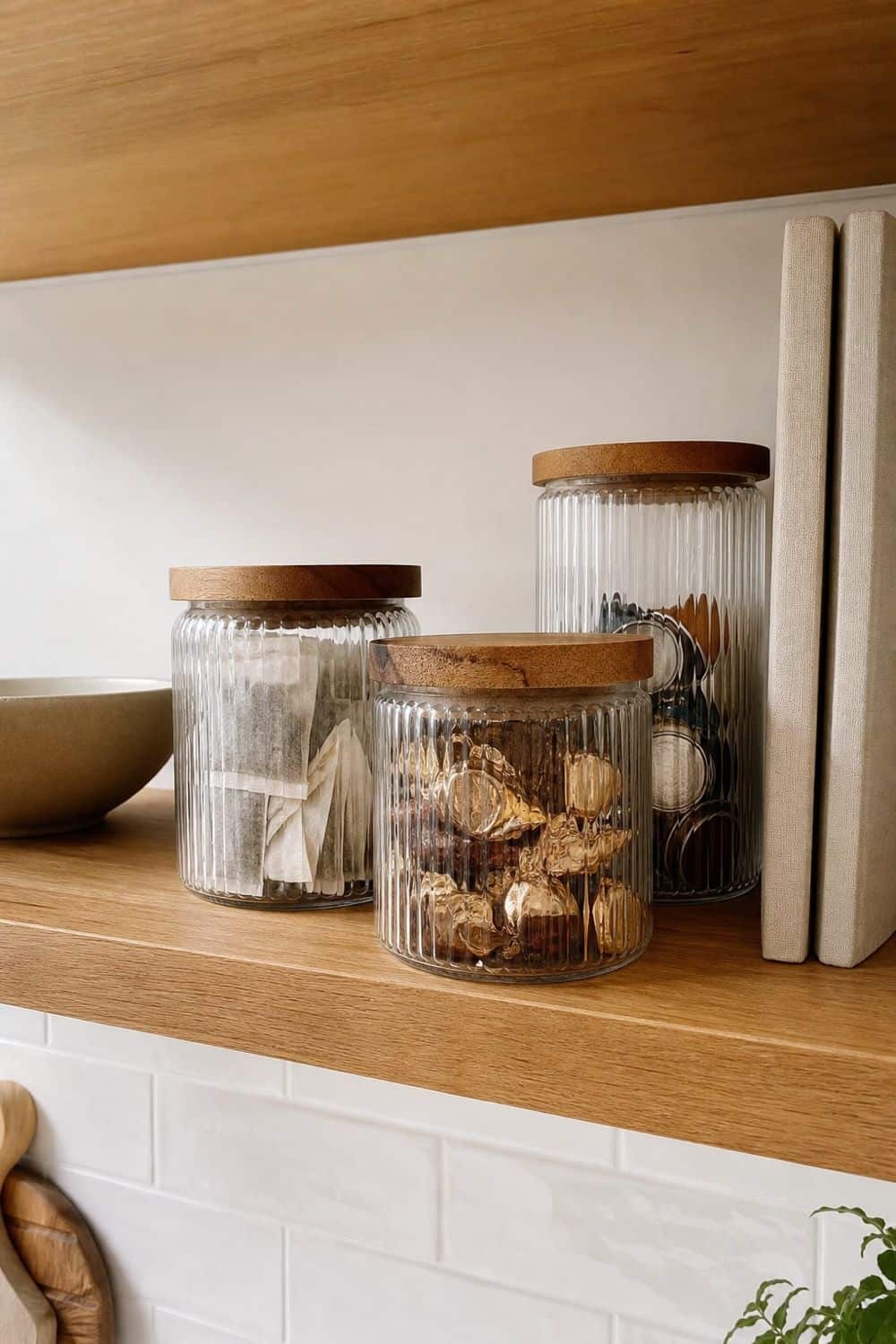 Ribbed Glass Jars for Subtle Texture on open kitchen shelving