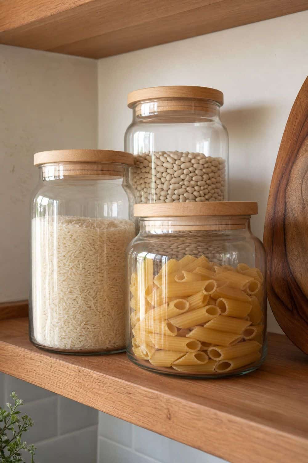 Glass Jars With Wood Lids for Warm Storage on open kitchen shelving