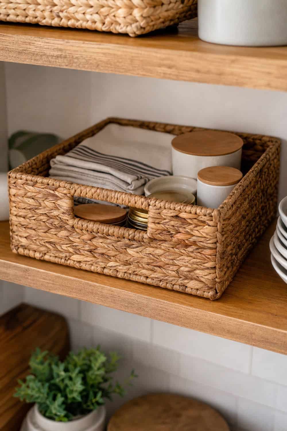 Woven Storage Baskets for Less Attractive Items on open kitchen shelving