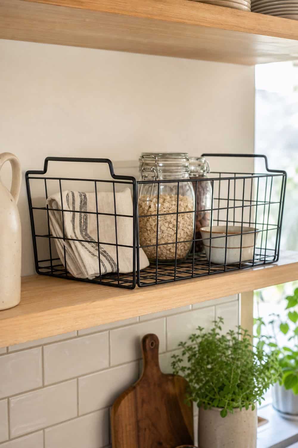 Wire Storage Baskets for Airy Shelf Storage on open kitchen shelving