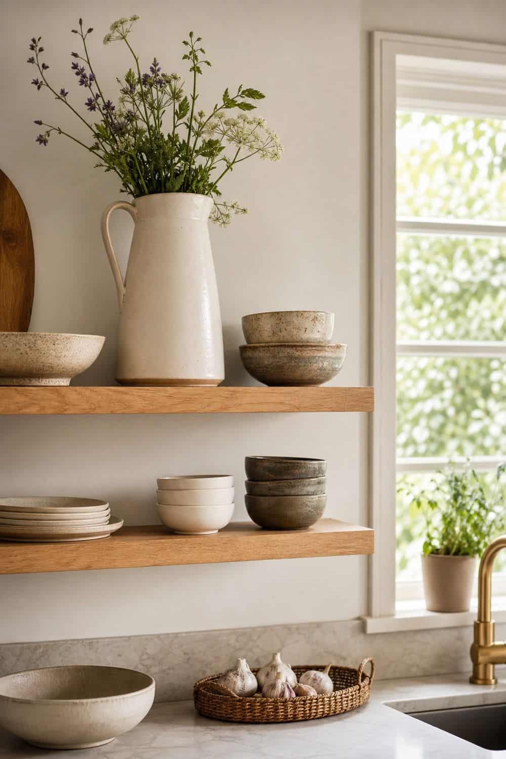 Ceramic Pitcher Vase for Shelf Height on open kitchen shelving