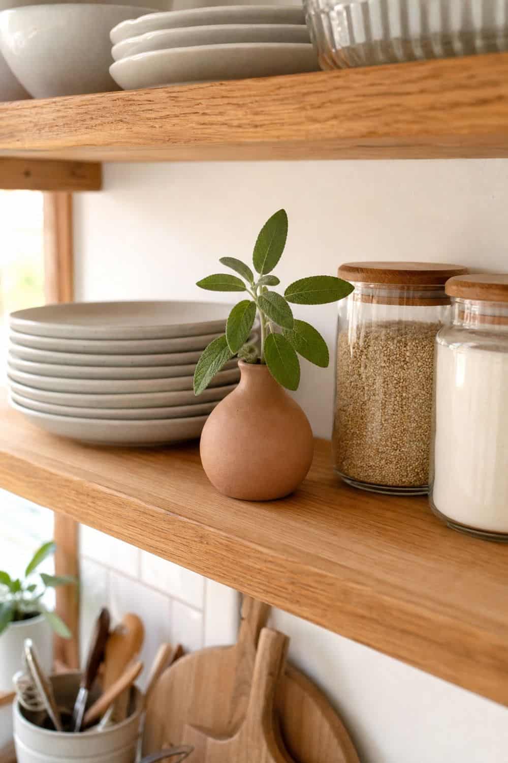 Small Ceramic Vase for Open Shelf Gaps on open kitchen shelving