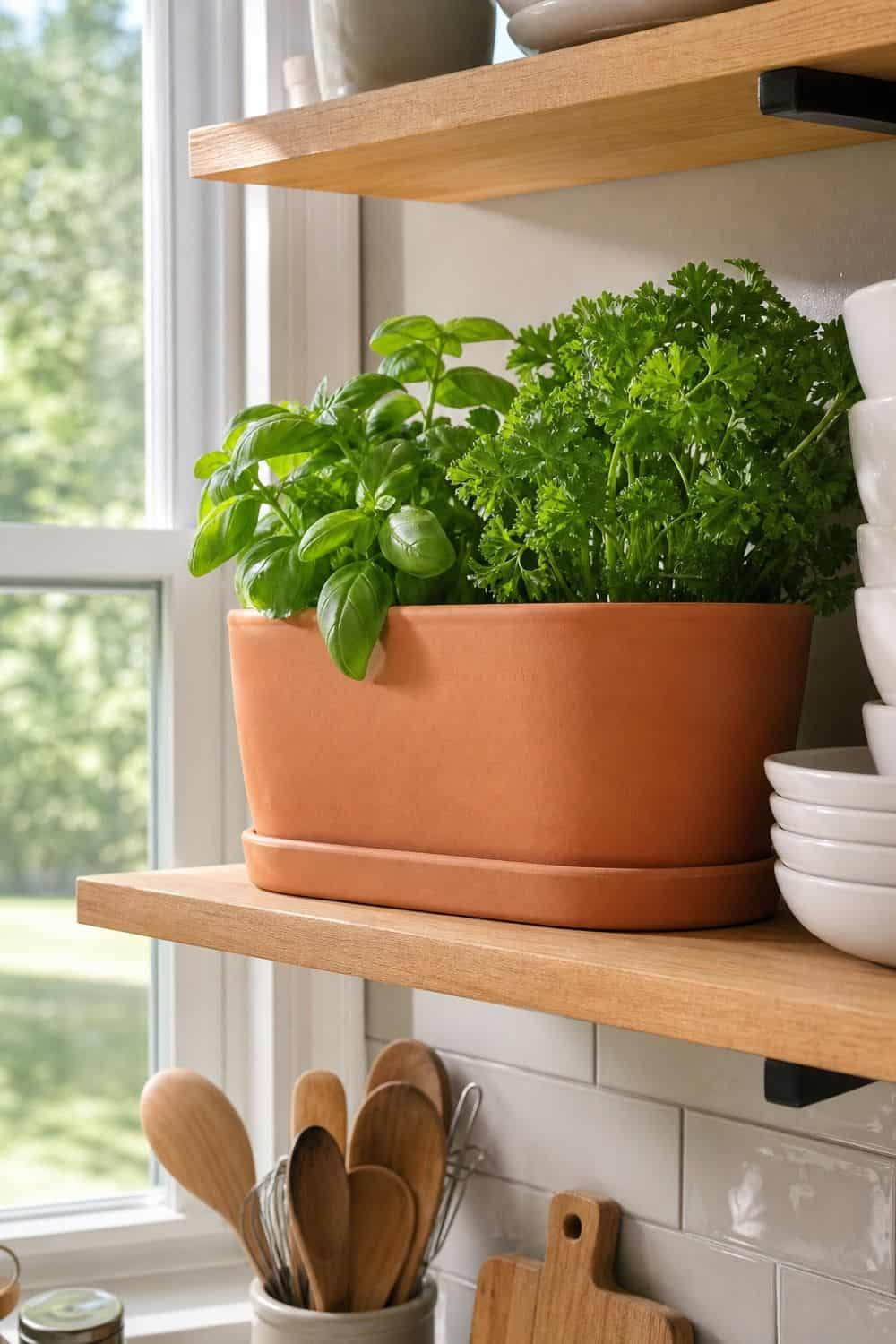 Potted Herb Planter for Living Greenery on open kitchen shelving