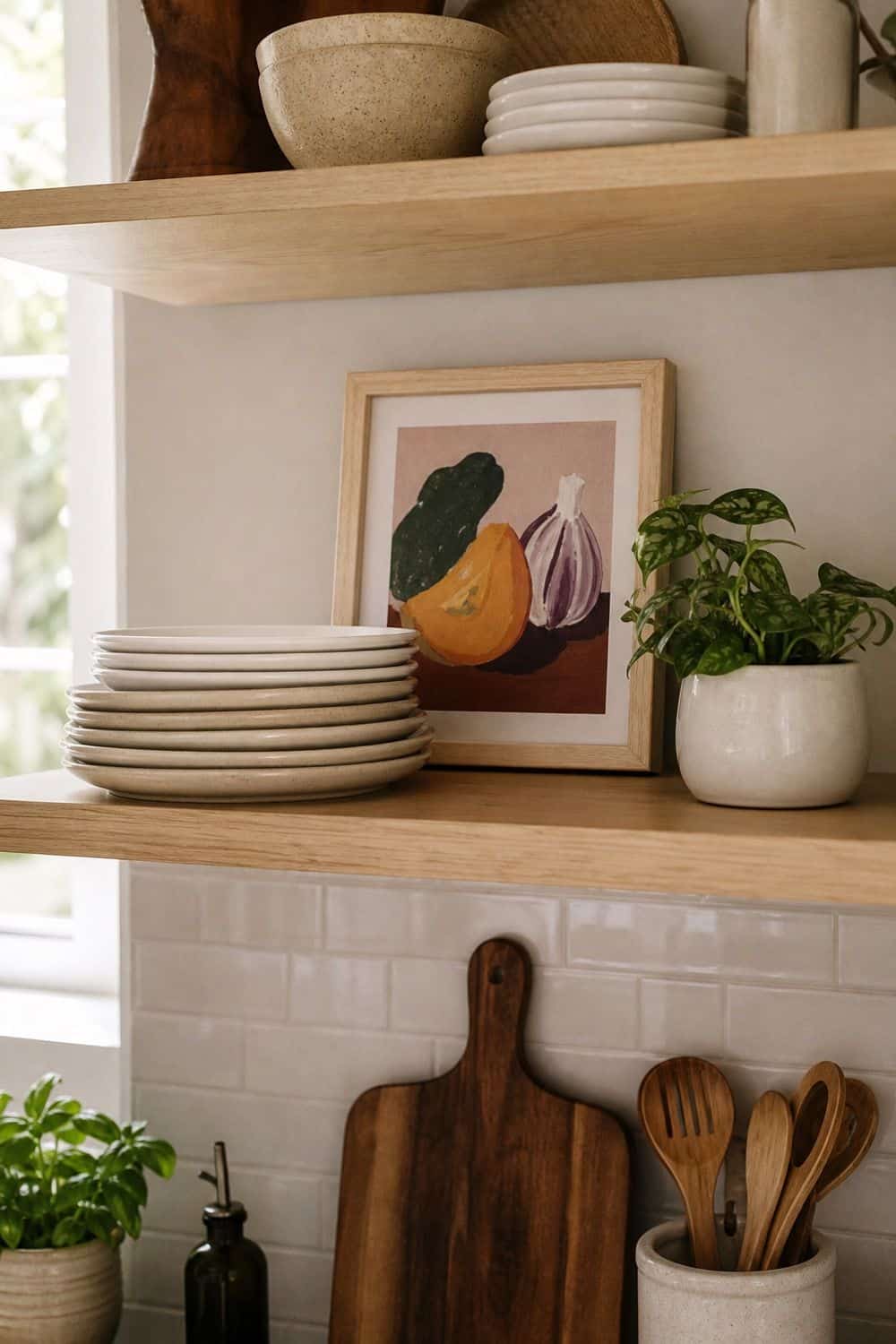 Framed Kitchen Art for Back-of-Shelf Layers on open kitchen shelving