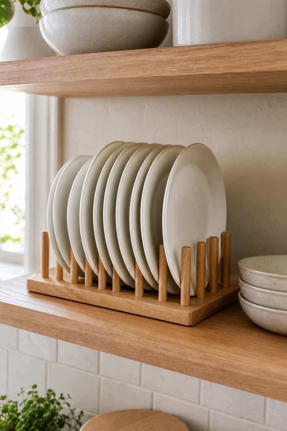 Tiered Plate Rack for Open Shelves on open kitchen shelving