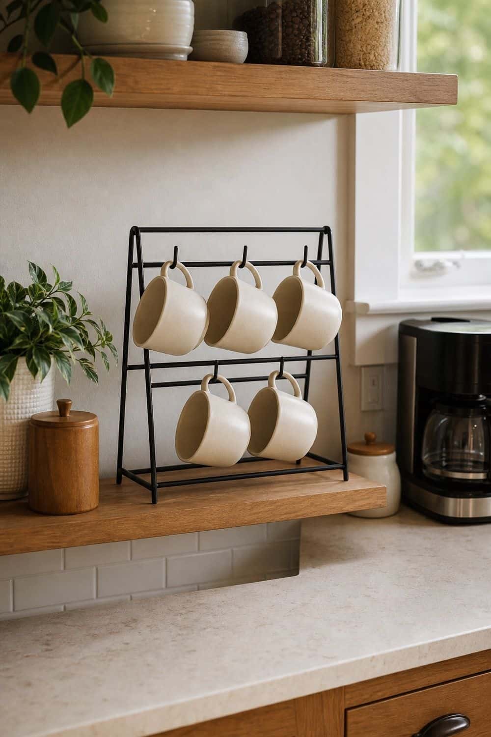 Mug Display Rack for Everyday Cups on open kitchen shelving