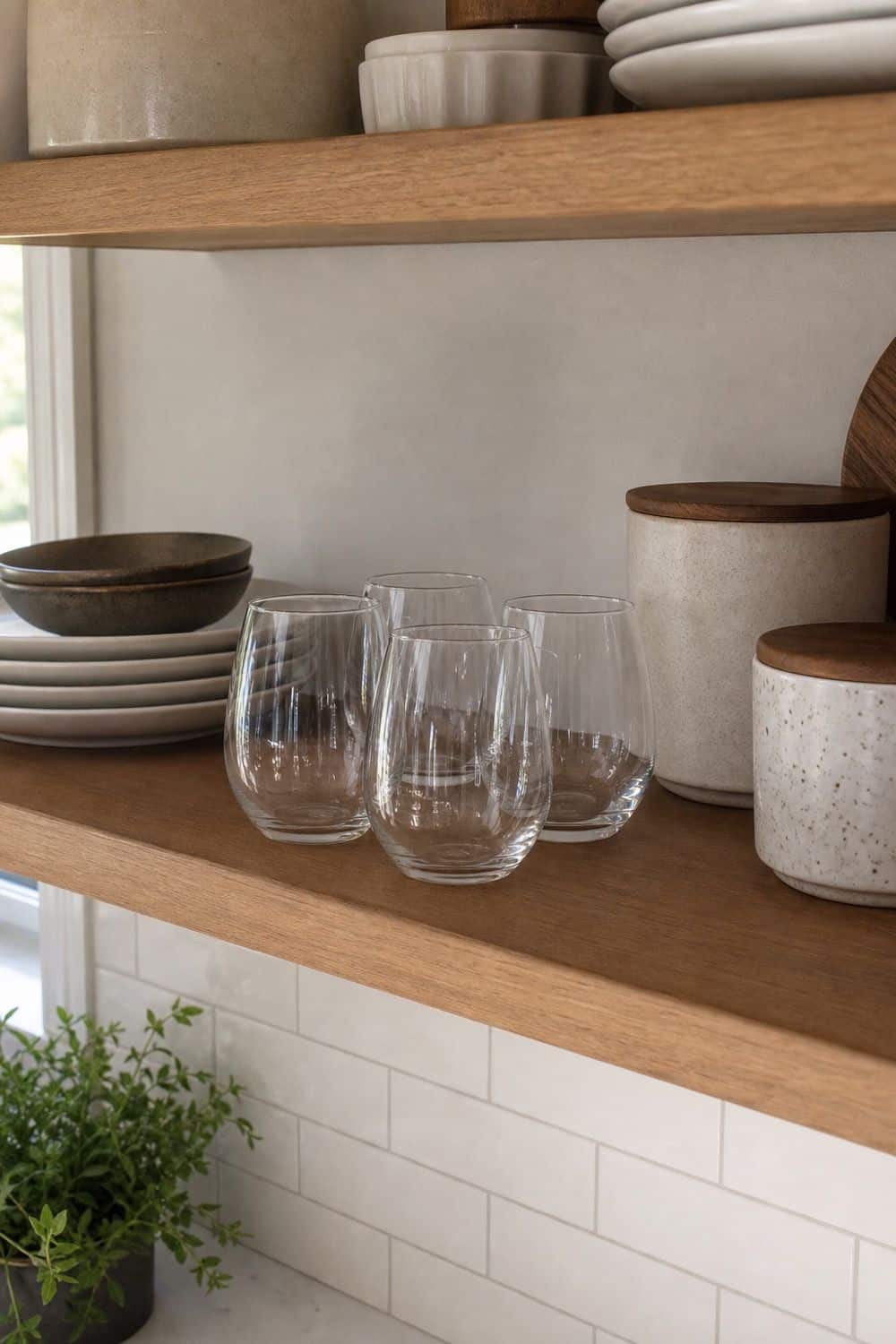 Stemless Wine Glasses for Easy Shelf Display on open kitchen shelving