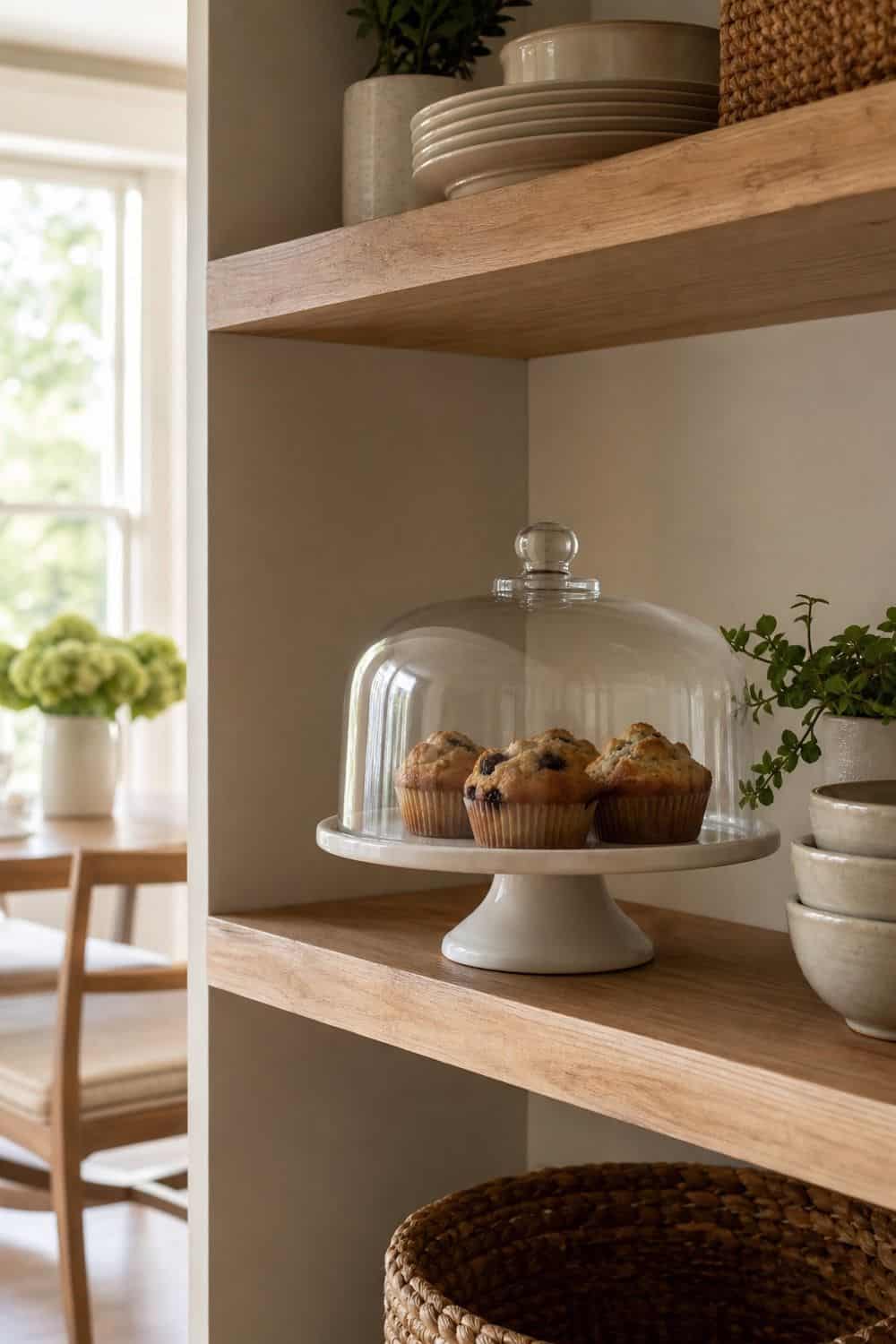 Cake Stand With Dome for Protected Shelf Display on open kitchen shelving