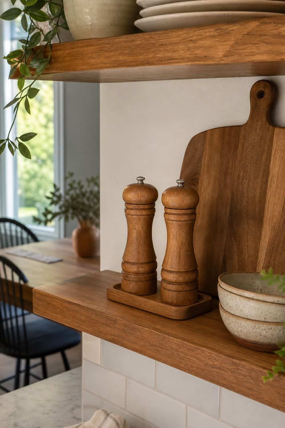 Wood Salt and Pepper Mills for Shelf Warmth on open kitchen shelving