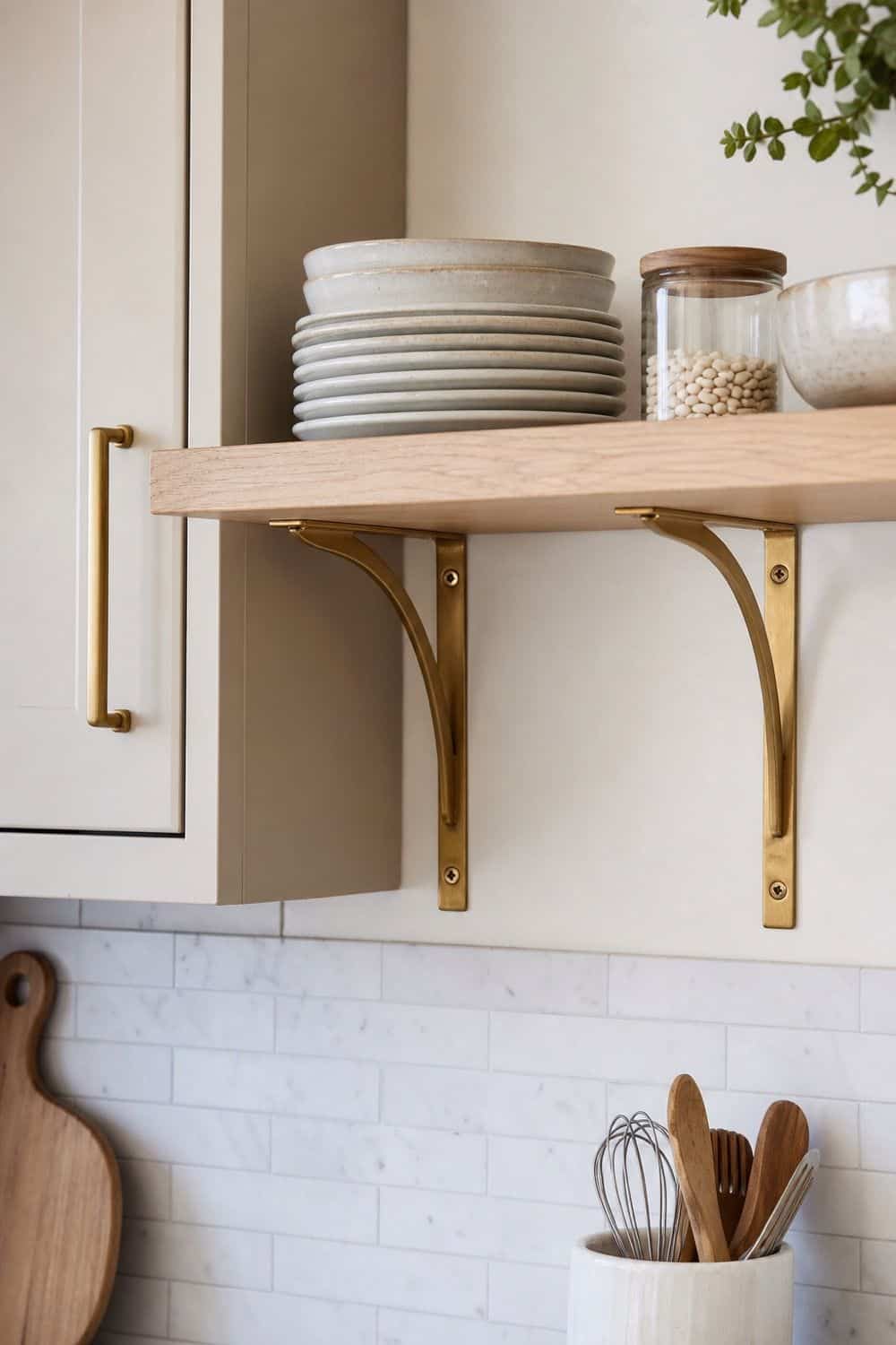 Brass Shelf Brackets for a Decor Upgrade on open kitchen shelving
