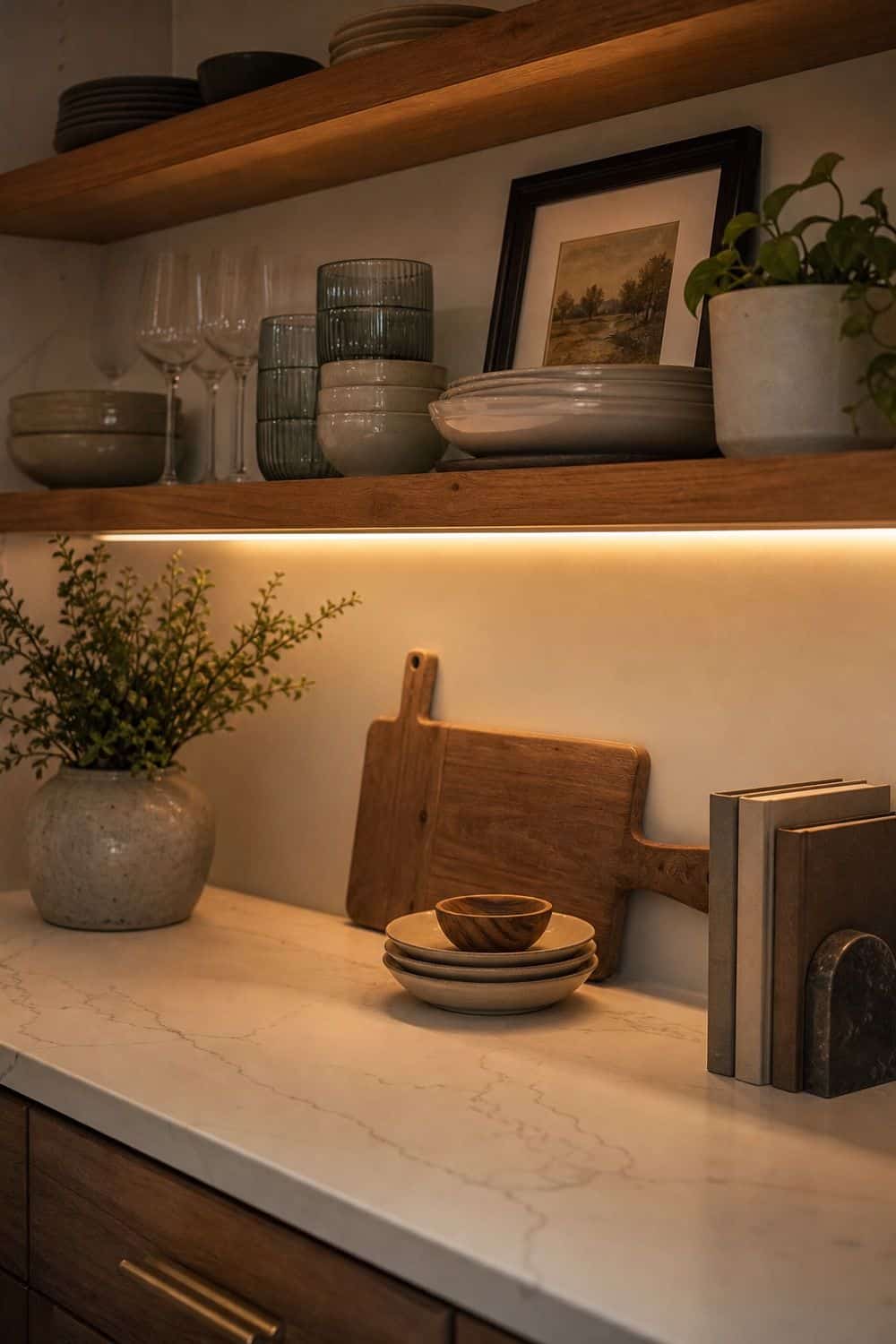 Under Shelf Lighting for Styled Shelves on open kitchen shelving