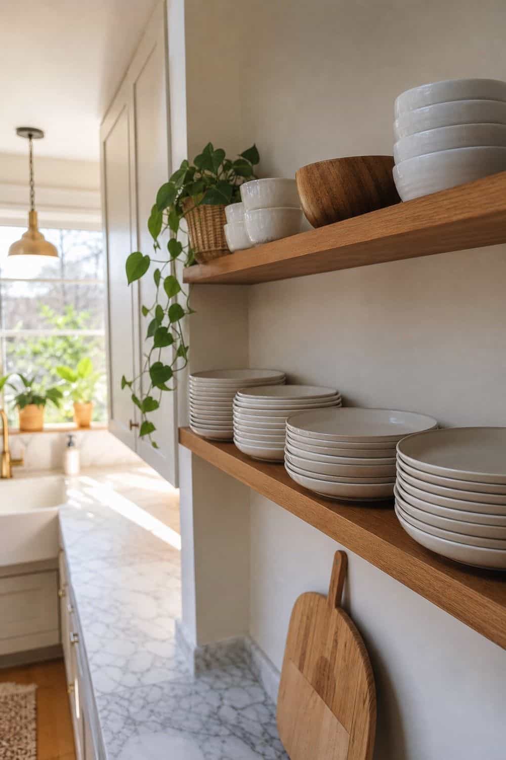 25 Open Shelving Kitchen Ideas for Display and Daily Use Shallow Shelves for Everyday Plates open shelving kitchen idea
