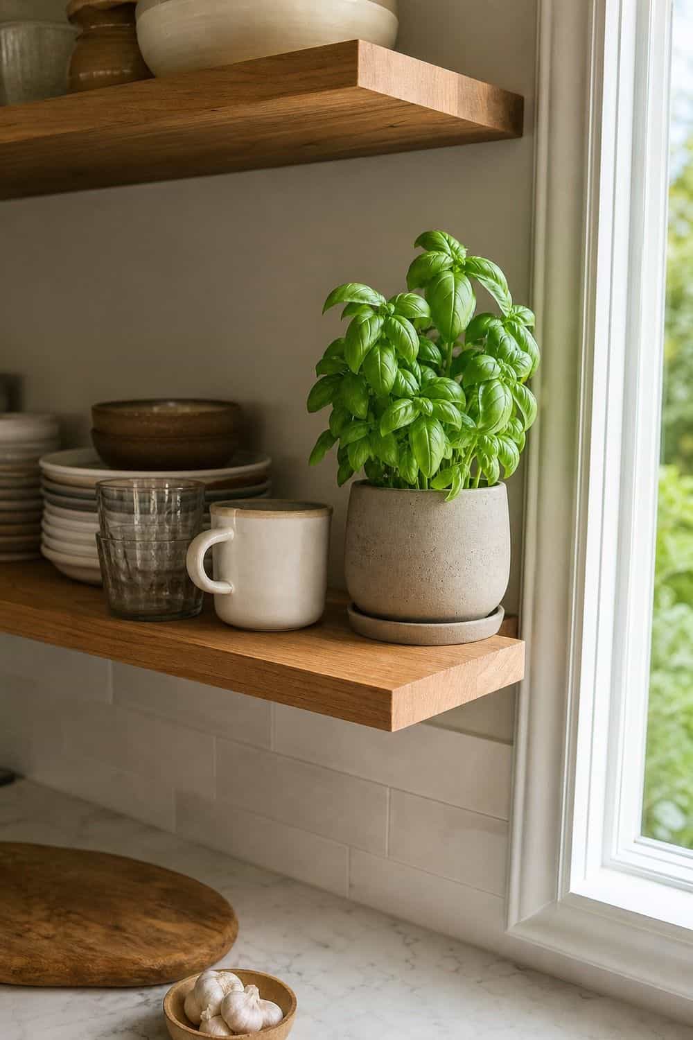 25 Open Shelving Kitchen Ideas for Display and Daily Use One Herb Pot at the Shelf End open shelving kitchen idea
