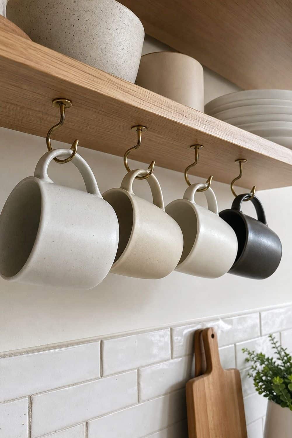 25 Open Shelving Kitchen Ideas for Display and Daily Use Hang Mug Hooks Under the Lowest Shelf open shelving kitchen idea