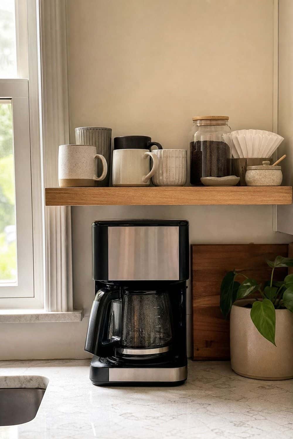 25 Open Shelving Kitchen Ideas for Display and Daily Use Build a Coffee Mug Shelf Above the Machine open shelving kitchen idea